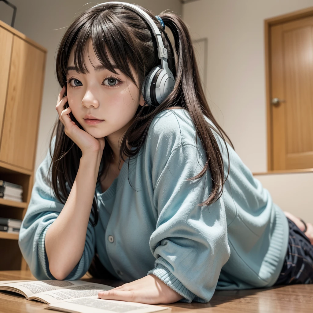Japanese cartoon girl listening to music and studying at home