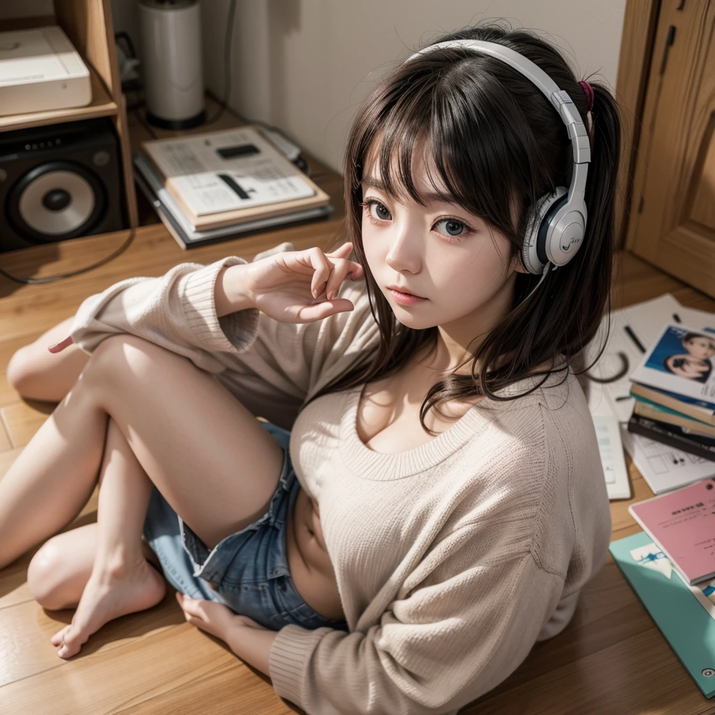 Japanese cartoon girl listening to music and studying at home