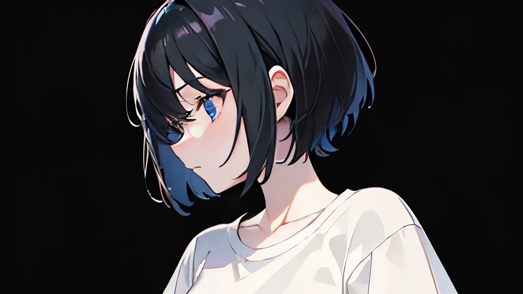 Beautiful image quality、Girl、Shortcuts、Black Hair、Anxious face、Angle from waist up、White T-shirt、Black Background、