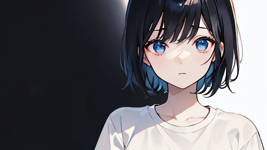 Beautiful image quality、Girl、Shortcuts、Black Hair、Anxious face、Angle from waist up、White T-shirt、Black Background、