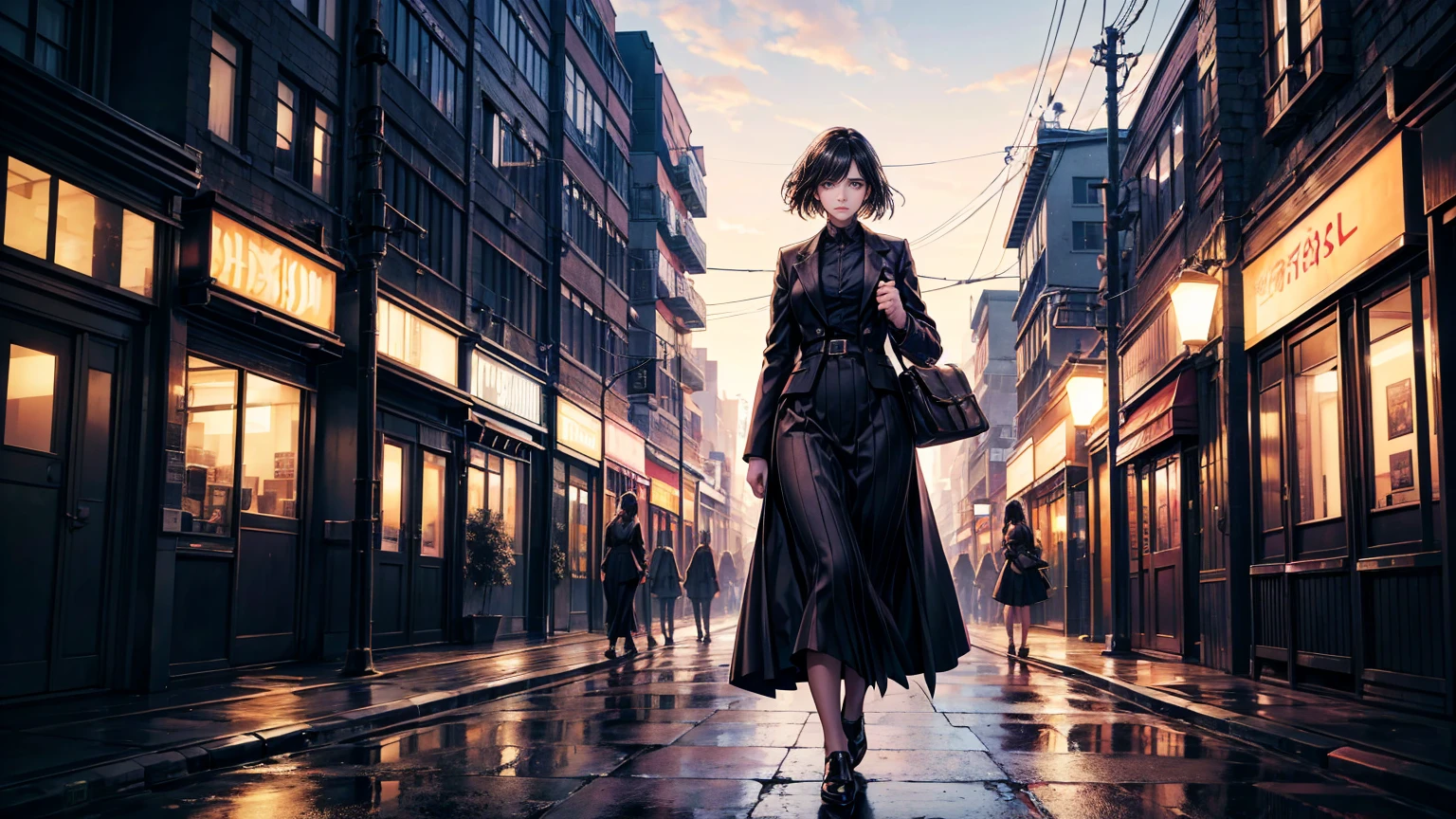 A young woman with a determined expression, dressed in modern and elegant clothes, walking through a busy city. In the background, the silhouette of an old house with shadows of family members looking enviously. The city should be illuminated with bright lights, highlighting the contrast between her dark past and her successful present.