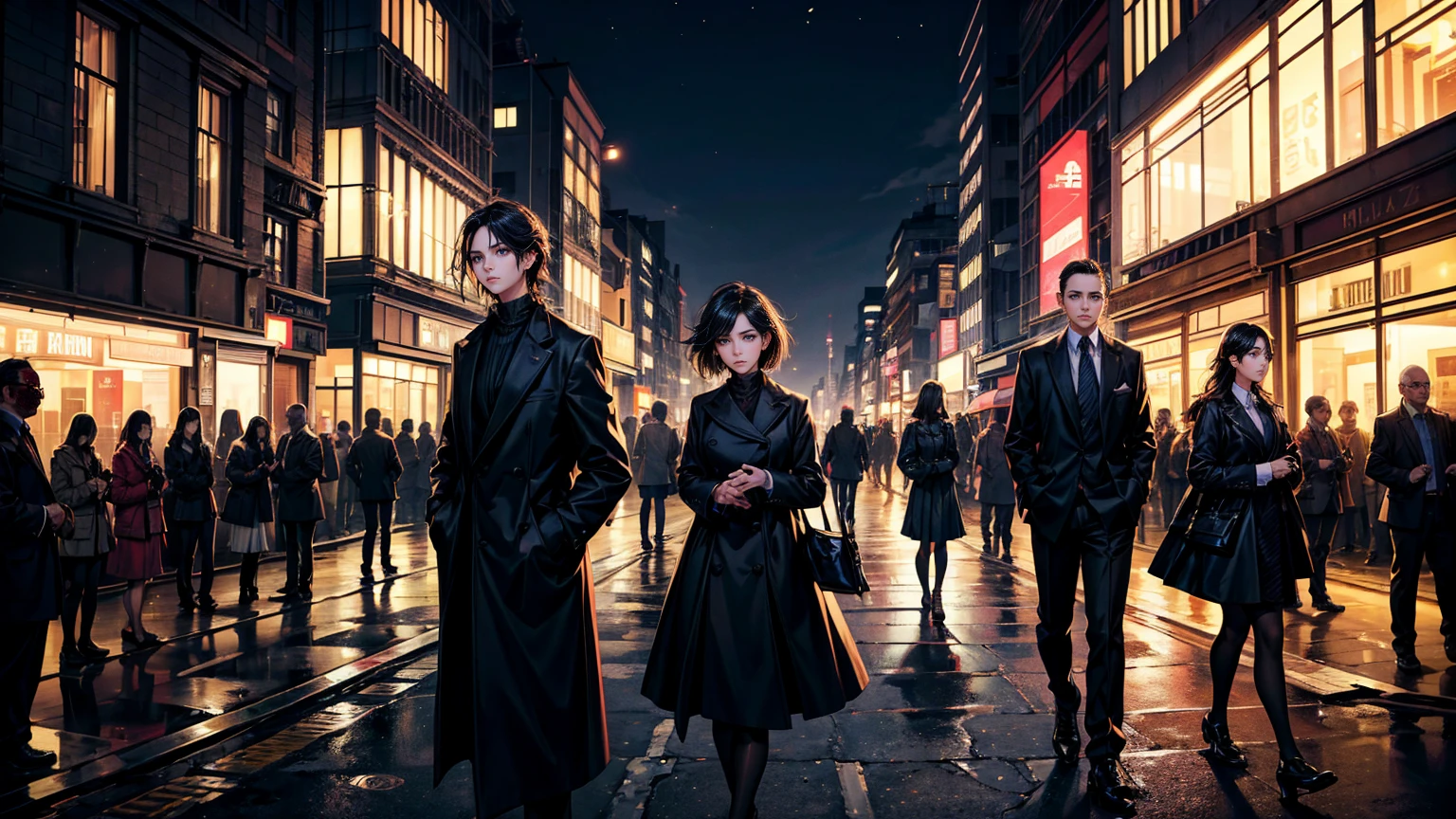A young woman with a determined expression, dressed in modern and elegant clothes, walking through a busy city. In the background, the silhouette of an old house with shadows of family members looking enviously. The city should be illuminated with bright lights, highlighting the contrast between her dark past and her successful present.