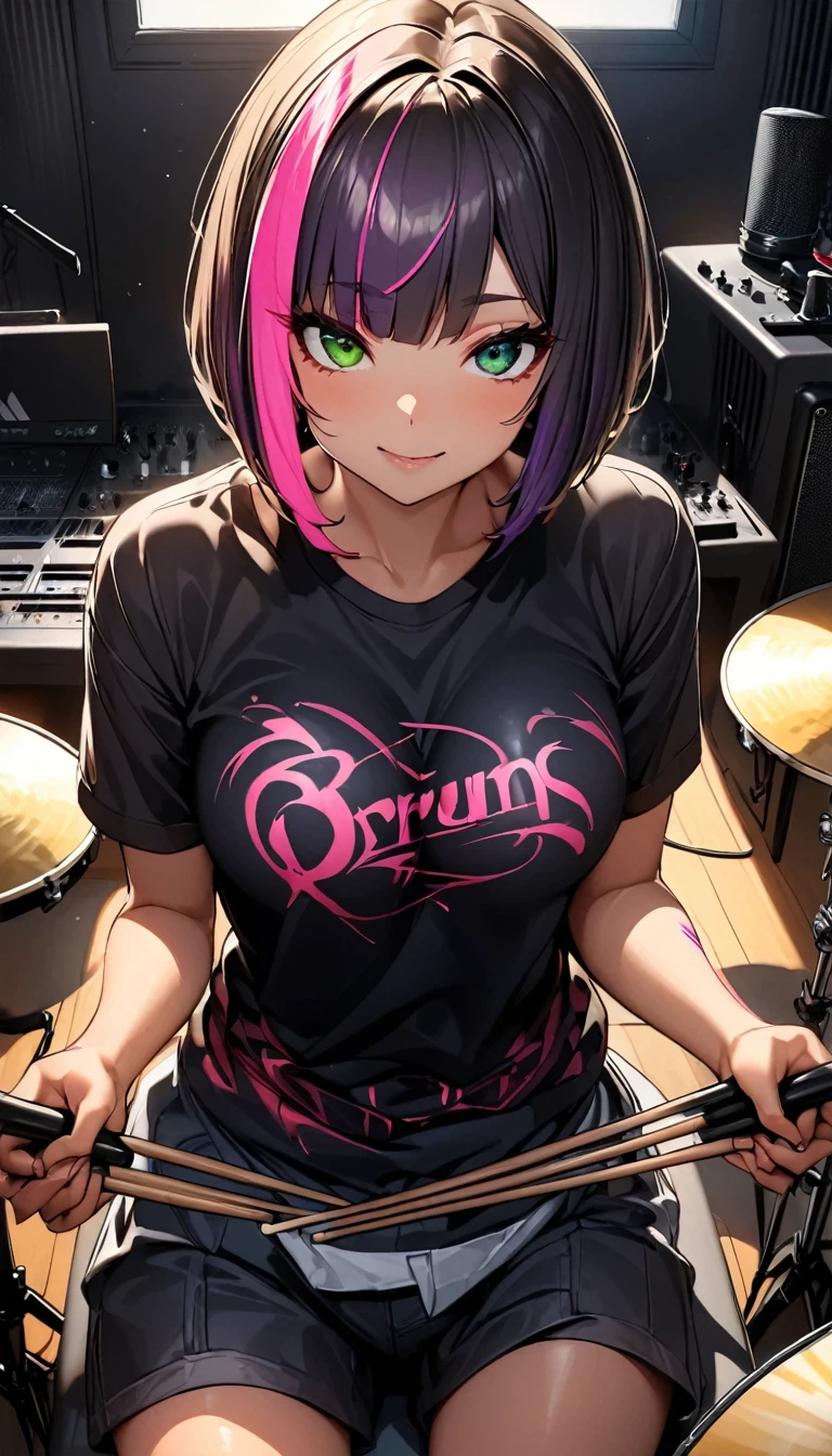 highest quality:1.2, Very detailed, up to date, Vibrant, Ultra-high resolution, High Contrast, masterpiece:1.2, highest quality, Best aesthetics), Portraiture、girl、slim, heterrochromia, green eye, red eye, Bright colors、Beautiful fine details、Beautiful lip detail、extra short hair, ((bob cut:1.5))、pink and purple ((streaked hair:1.9)), (highlights hair: 1.6), middium breast, (tan skin:1), Music band、Cheerful pose、t-shirt and short pants、Dynamic Movement、hypnotic sounds、amplifier、Loud music、Dram kits、((rock drums set:1.3)), (sitting inside the drums set:1.5), ((holding drum sticks both hands:1.5)), (beating drums:1.8), ((playing drum hard:1.8)), Passionate performance、Rock star aura、An exciting atmosphere、cowboy shot, (Floral Fineline tattoo design on right arm:1), music studio room