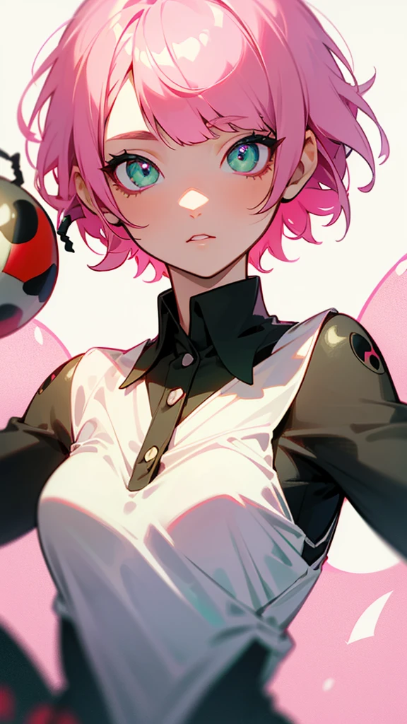 ((Femboy)) He has messy white hair, a strand pointing upwards and messy bangs, he has blue eyes, fair skin and pink cheeks. He wears gloves that cover his wrist to the elbow, they are white with pink tips, on the side of his shoulder he has a pink butterfly tattoo with blue edges. He wears a black sleeveless body-hugging outfit with a heart on his chest with a purple and pink color palette, he wears white pants connected to the tight-fitting outfit.