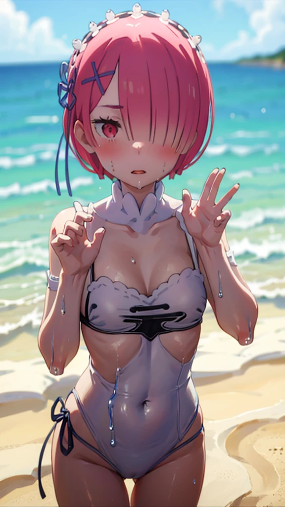 Random Swimsuit、Acme Face、Random pose、short hair、Red Hair、、hair over one eye、、nsfw、Highest quality、1 girl、独奏、Ocean、Sandy Beach、Sexy pose、Random pose、Blushing、wet、Embarrassed、Strap slip:1.3)、Random Swimsuit