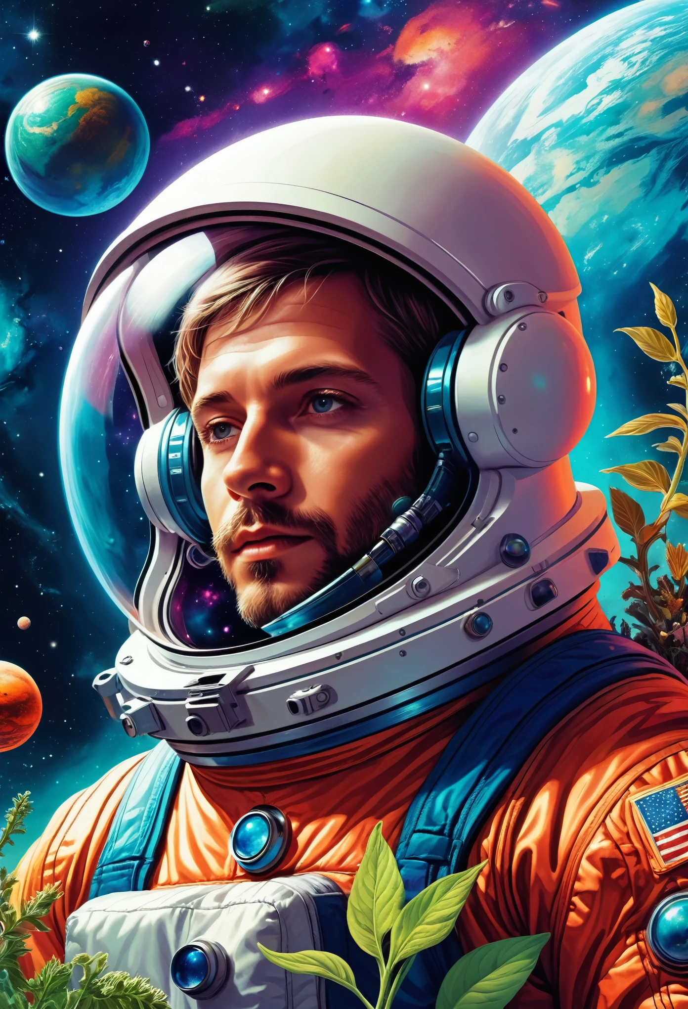 High-resolution details, Close-up of a man in a space suit, Planets in the background, Psychedelic cosmic horror, Psychedelic illustration, Outer Space, plant growth, Sick World, Background space graphic art, Cosmic illustration, Outer Space, Cosmic LSD Poster Art, There is a space after dmt, Space scene, Hyperreal space, Cosmic style