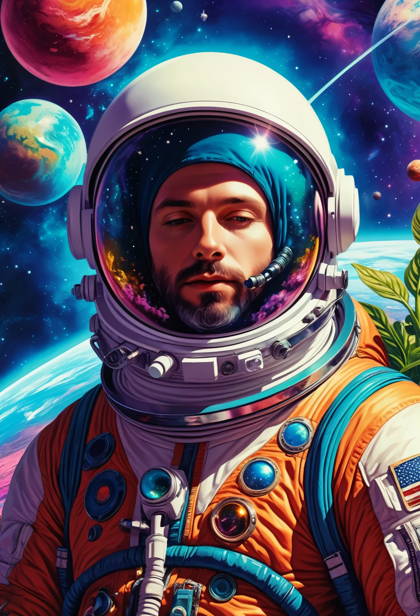 High-resolution details, Close-up of a man in a space suit, Planets in the background, Psychedelic cosmic horror, Psychedelic illustration, Outer Space, plant growth, Sick World, Background space graphic art, Cosmic illustration, Outer Space, Cosmic ??? Poster Art, There is a space after dmt, Space scene, Hyperreal space, Cosmic style