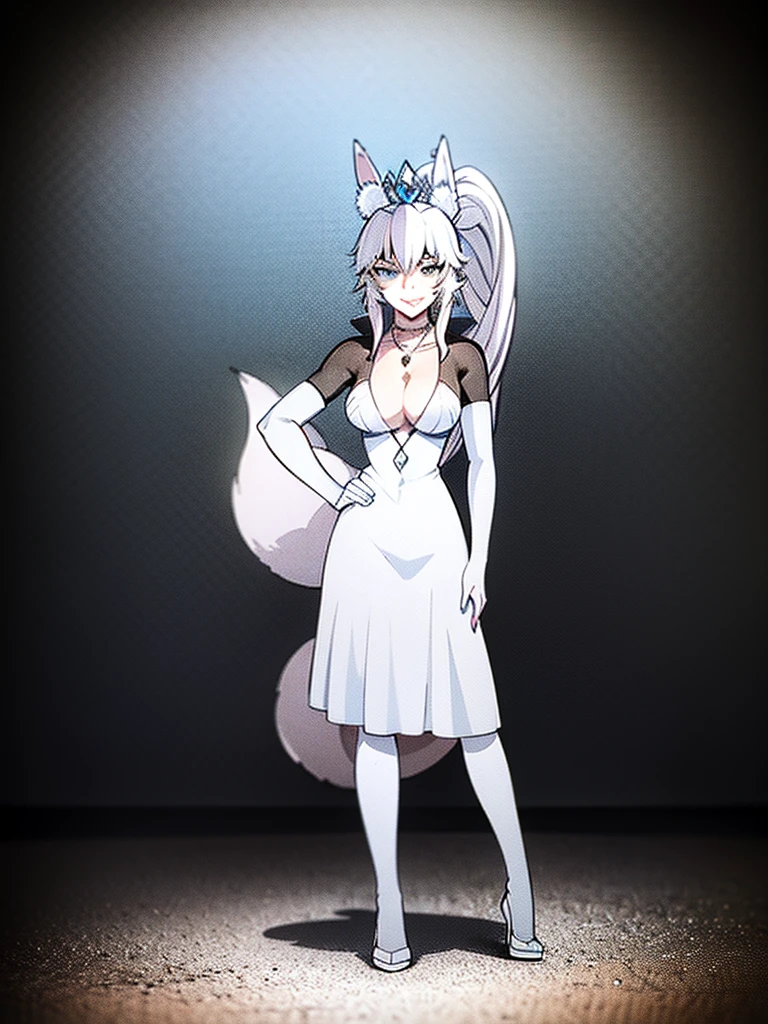great quality ++ Extremely detailed high resolutionolution, very aesthetic, expressive eyes, (((Perfect face))), (((face symmetrical))), ((good anatomy)), (((perfect hands))), (((8k))), UHD, hd wallpaper, (((detailed high cal, (((((1girl)))))), only, Masterpiece, The best quality, high resolution, Highly detailed, (illustration), Beautiful detailed eyes, ((((full body))), (((solo))), (((((koyan-la1))))), (((cosplay of Weiss Schnee))), (((smiling))), (((fusion))), (((agglutination))), (((Combination))), (((((Whitehair))))), (((blue eyes))), (((ponytail))), (((white dress))), (((jewelry))), (((necklace))), (((earrings))), only, jaeces, earrings, long hair, parody, (((scar))), (((scar ocular))), (((hair ornament))), (((office background))), (((hand on hip))), (((strolling))), Side ponytail, scar en la cara, Upper part of the body, (((fox tail))), (((fox ears))), (((tiara))), (((jewelry))), (((earrings))), (((neckline trimming))),