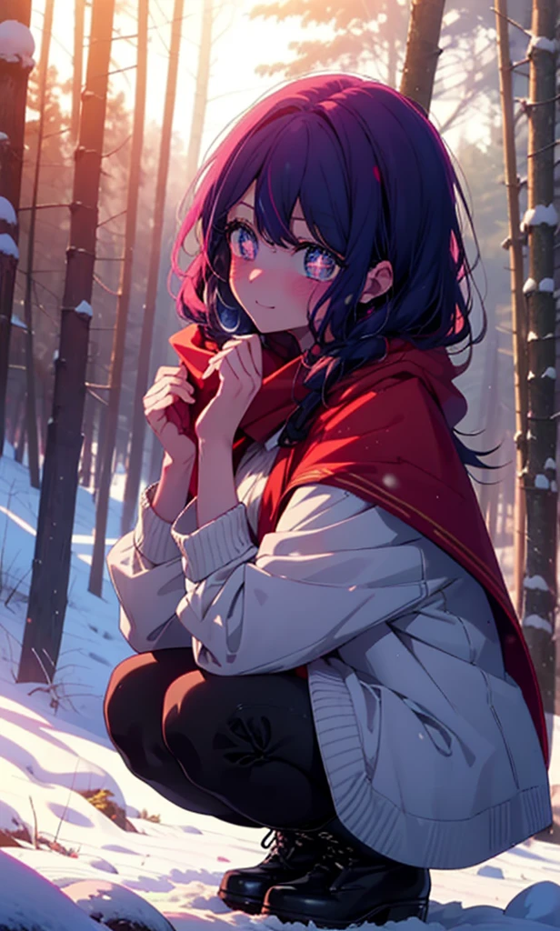 aihoshino, Ai Hoshino, Long Hair, bangs, (Purple eyes:1.1), Purple Hair, (Symbol-shaped pupil:1.5), smile,,smile,blush,White Breath,
Open your mouth,snow,Ground bonfire, Outdoor, boots, snowing, From the side, wood, suitcase, Cape, Blurred, , forest, White handbag, nature, Squat, Mouth closed, Cape, winter, Written boundary depth, Black shoes, red Cape break looking at viewer, Upper Body, whole body, break Outdoor, forest, nature, break (masterpiece:1.2), Highest quality, High resolution, unity 8k wallpaper, (shape:0.8), (Beautiful and beautiful eyes:1.6), Highly detailed face, Perfect lighting, Extremely detailed CG, (Perfect hands, Perfect Anatomy),