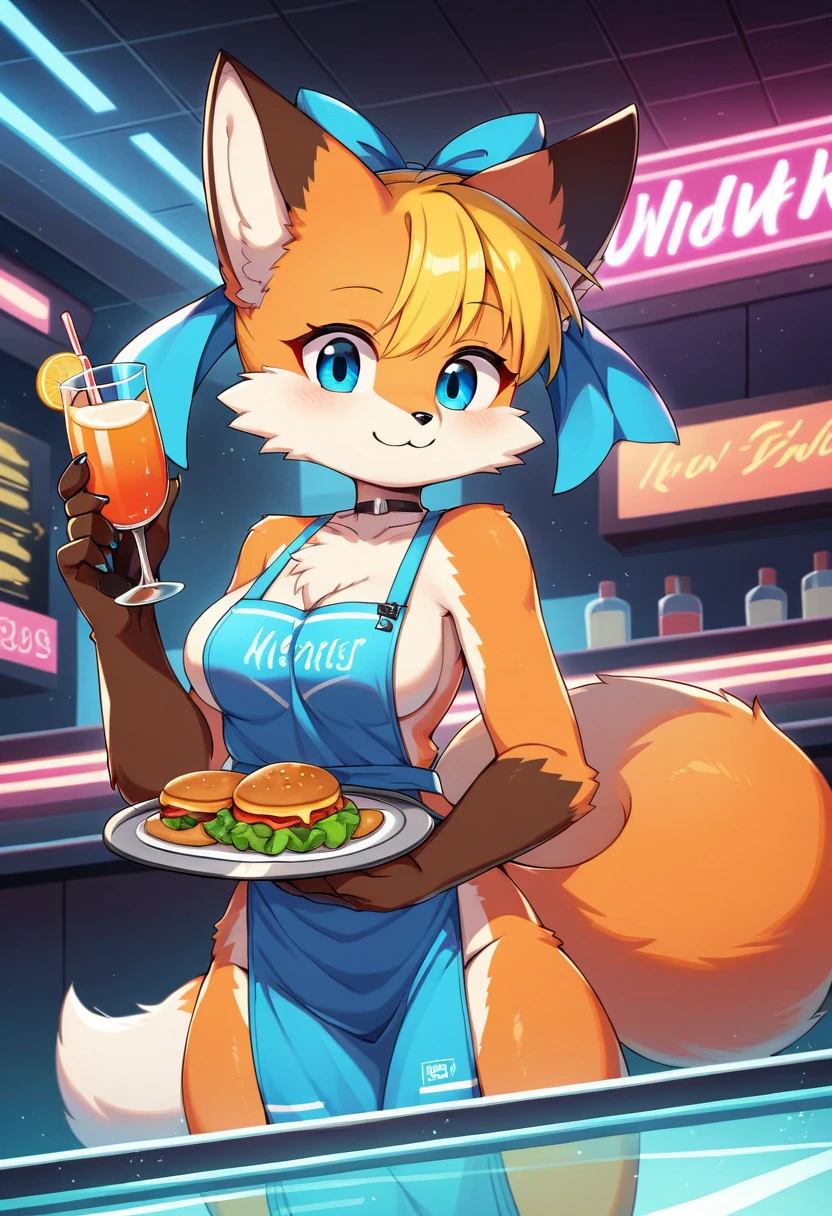 ((Masterpiece)), ((Best Quality)), (Very Detailed), ((Very Detailed)), 4K, (8K), very aesthetic, absurdres highres, 1girl, (anthropomorphic fox, furry, kemono:1.8), Virtual waitress, hologram waitress, cute uniform, blue ribbon, apron, fast food restaurant, futuristic design, neon lights, digital menu, smile, serving food, holding tray, pink, blue, white, glass reflection, metal reflective, high-tech, vibrant