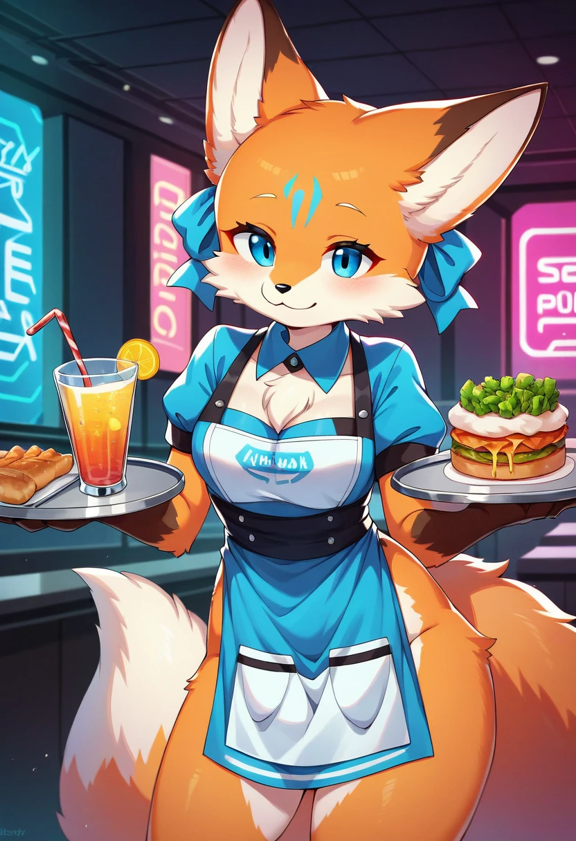 ((Masterpiece)), ((Best Quality)), (Very Detailed), ((Very Detailed)), 4K, (8K), very aesthetic, absurdres highres, 1girl, (anthropomorphic fox, furry, kemono:1.8), Virtual waitress, hologram waitress, cute uniform, blue ribbon, apron, fast food restaurant, futuristic design, neon lights, digital menu, smile, serving food, holding tray, pink, blue, white, glass reflection, metal reflective, high-tech, vibrant