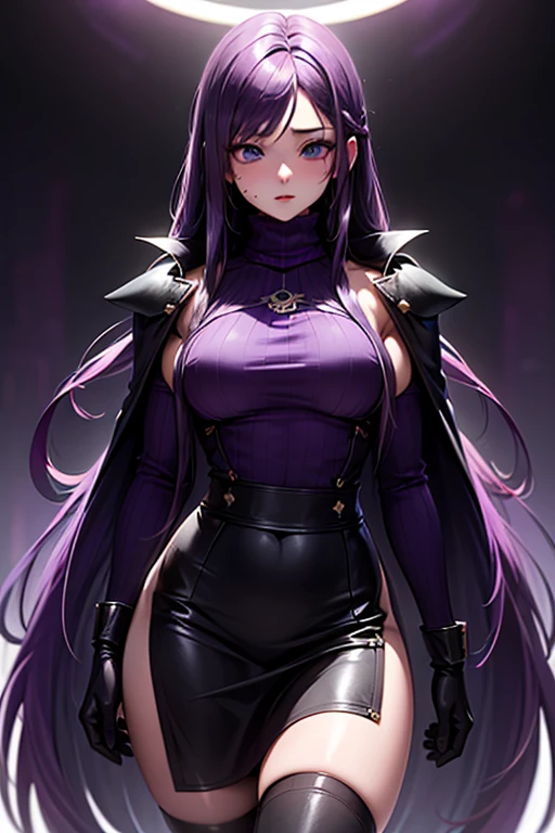 masterpiece, Highest quality, Unreal Engine, Super Resolution, Very detailed,
1 Girl, Dark Girl, malaria, Quiz Magic Academy, ((Purple long hair:1.8)), blue eyes, length, ((Narrow eyes)), Waist, thin, (Muscular:0.8), Big Breasts, bold, Lips parted, Observe the audience,
Are standing, Sexy pose, Cowboy Shot,
Magic Class, Simple background anime style, Key Visual,
malaria, ((Purple Dress)), ((Black Linen Skirt)), (Black Short Cape), (((Pink turtleneck net suit))), ((Pink long gloves)), Black long boots, Sticky with sweat,