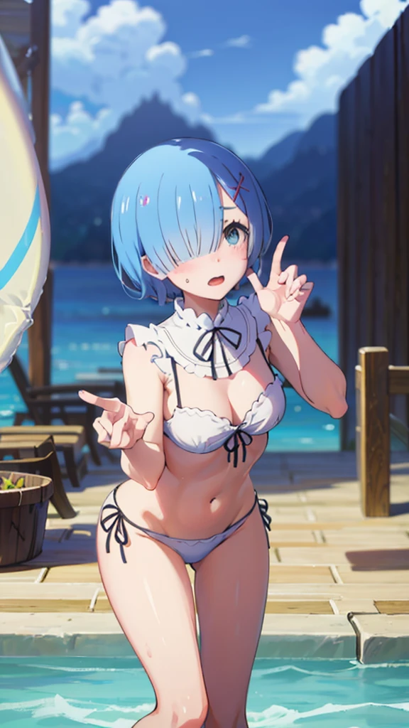 ランダムなswimwear、Acme Face、Random pose、short hair、Blue Hair、、hair over one eye、、nsfw、Highest quality、1 girl、solo、Ocean、Sexy pose、Random pose、Blushing、Wet、Embarrassed