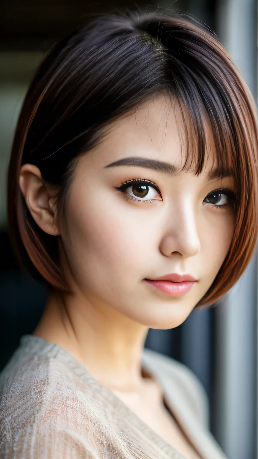 Highest quality, 8K, masterpiece, Realistic, Japanese women photos,  Upper Body, Short Bob Hair, (View your viewers:1.5), (Detailed pupil), (Natural soft light), (Charm), Bokeh, Beautiful Face, Ultra-dense skin, Perfectly sparkling eyes, Skin pores, Soft Hair, Sewing the fabric, Fabric texture