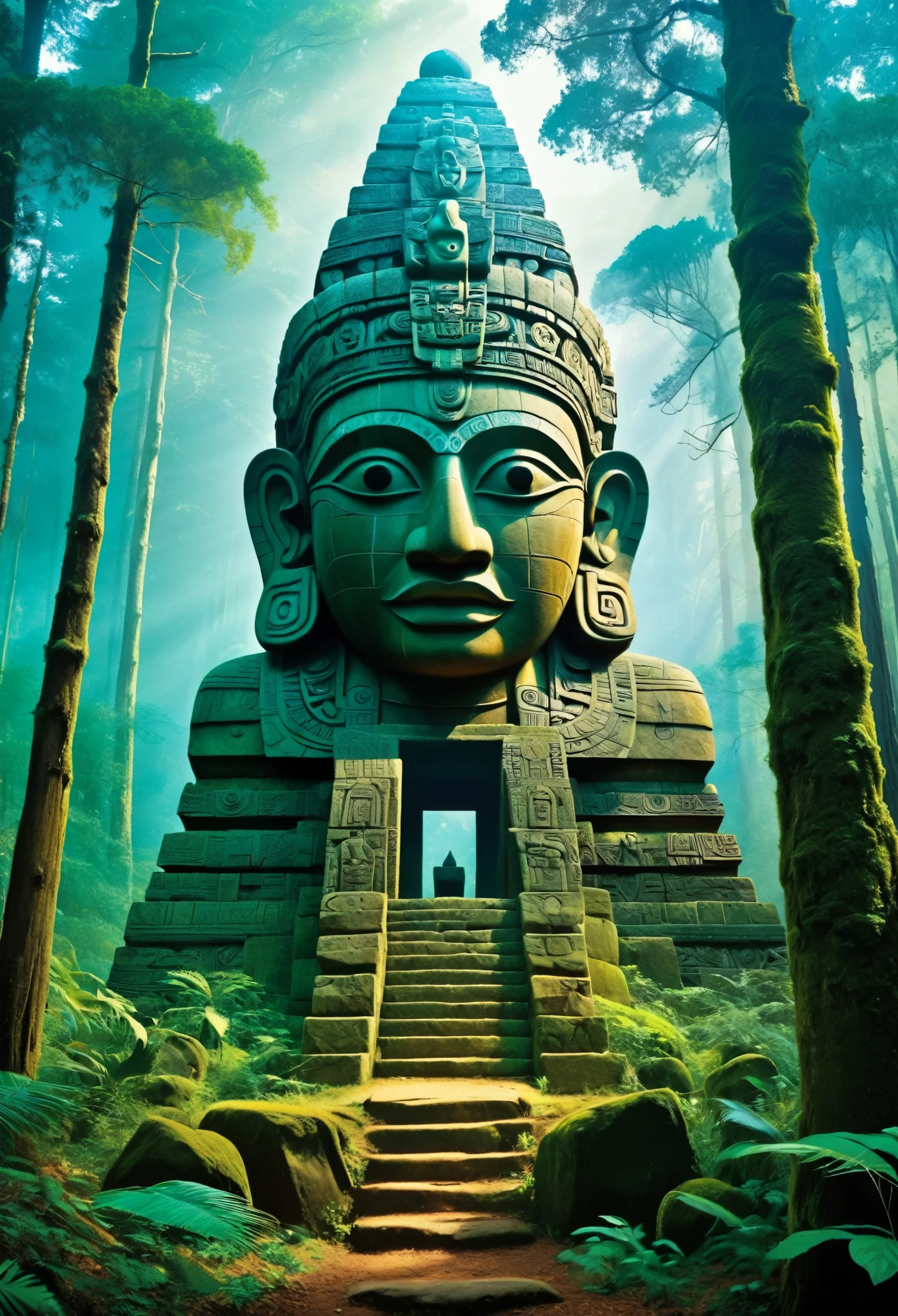There is a stone statue in the middle of the forest, Stone Eye, Aztec stills, Freddy Mamani Sylvan's facade, CG Games, Sharing photo, Big Temple, Show face, In the shrine, Check the ruins