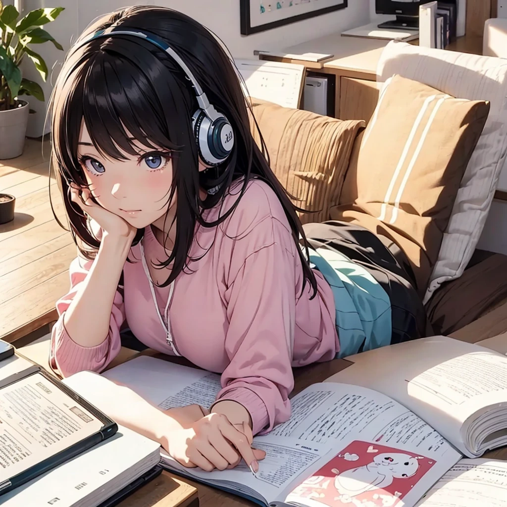 Japanese cartoon girl listening to music and studying at home