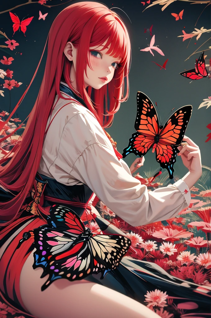 Girl、red hair、Butterfly、Hanafuda