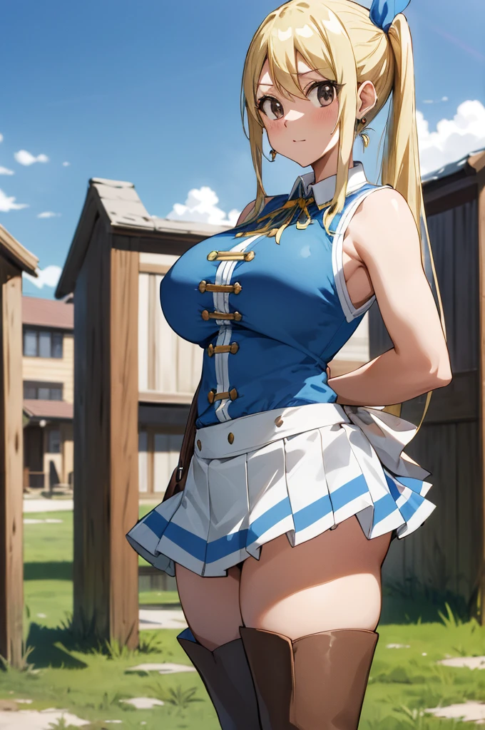 asterpiece, best quality, highres, lucy heartfilia, blonde hair, long hair, side ponytail, blue ribbon, large breasts, earrings, thigh boots, blue shirt, sleeveless shirt, white skirt, standing, outdoors, town, house, cowboy shot, looking at viewer,