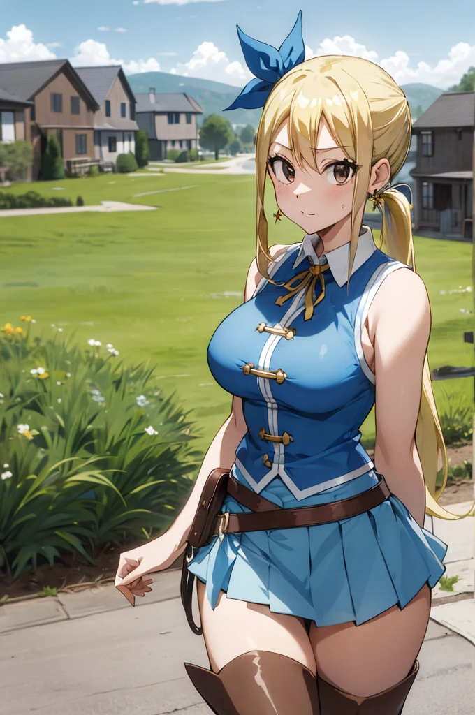 asterpiece, best quality, highres, lucy heartfilia, blonde hair, long hair, side ponytail, blue ribbon, large breasts, earrings, thigh boots, blue shirt, sleeveless shirt, white skirt, standing, outdoors, town, house, cowboy shot, looking at viewer,