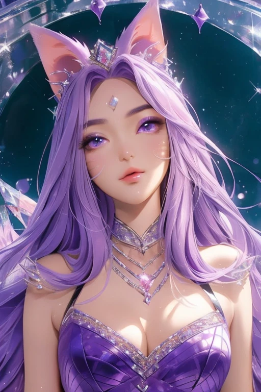 ((best quality)), ((masterpiece)), (detailed), detailed eyes, detailed hands, full-body image, humanoid kitsune, diamond crown, light purple hair, light purple fox ears, purple clear crystal fox tails, purple crystal star marking on forehead, delicate and beautiful detailing, beautiful clear face and well-proportioned detailed eyes, round detailed eyes and makeup, beautiful detailed and clear eyes, volume smooth and sharp, long flat bangs, fictional art, best photos, high resolution, best quality, best photos, very beautiful and meticulous crystal star forehead marking, delicate, mouth closed, not fully smiling