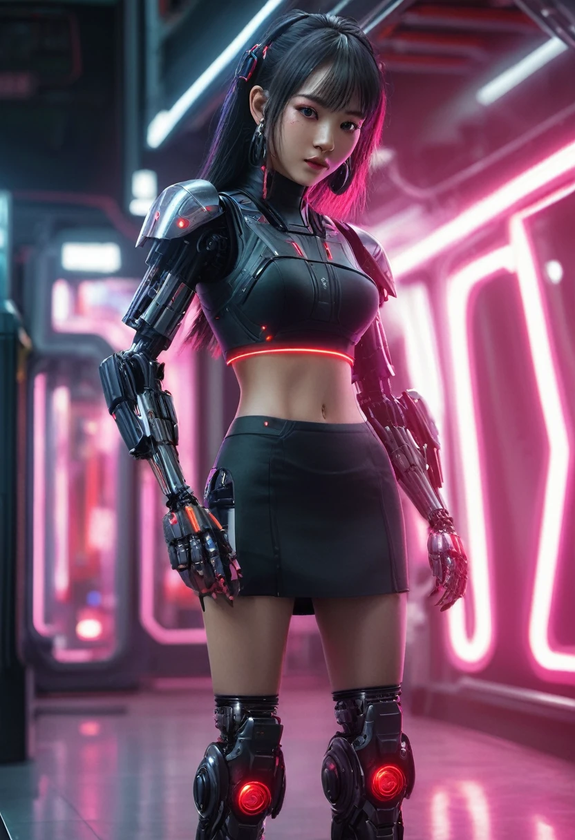 xxmixgirl. Highly detailed professional 35mm film, bokeh, face in sharp focus. A robotic female, Miku, with ((metal skin)), ((perfect Asian eyes)) with magenta irises and ((black pupils)), beautiful serious (detailed face), 18 year old ((photorealistic face)), very long magenta twin tails of magenta hair, twin black hair ties with a single red stripe. She may have a black audio headpiece. We can see her ((full body)) down to her boot soles. Her outfit is a sleeveless collared light grey shirt, outlined in red around the frilled collar and hems. Shiny reflective ((metallic breast cups, dimpleless)), invisible nipples. She wears black sleeves with red hems that start around her upper arm and bellow out as the sleeves open and extend to her wrists, with wide trumpet red rimmed cuffs. She has perfect robotic (detailed hands). She wears a red colored tie with two horizontal solid parallel black lines halfway across. She wears a fabric black skirt with a horizontal red hem at the bottom all the way around; her (((black skirt wraps around her))) and ((her skirt completely covers)) her robotic waist and thighs. Tall black boots with red bottom soles, a red rim around the top at her thighs. Her mechanical shoulder joints are visible. We can see her robotic legs and robotic neck. Half of her is covered with shiny polished machinery. The background is a distant dark neon futuristic Japanese city, gold, cyan, violet neon, near harbor or mountains.