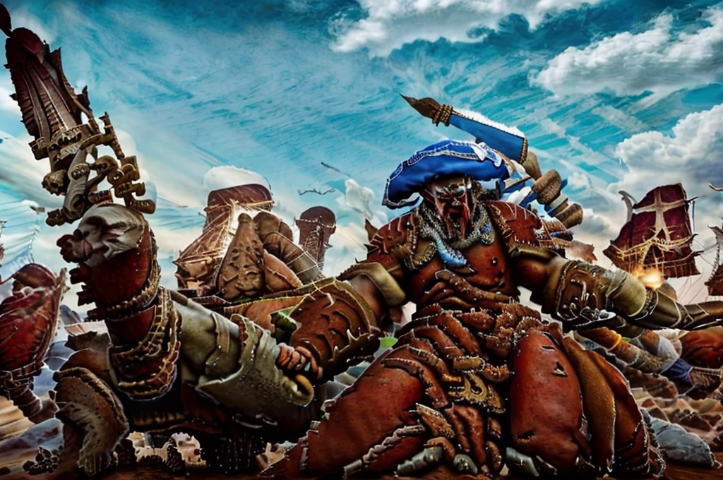 (warhammer fantasy style), gigantic (Khorne the Blood God:1.5) as a (giant blood Demon:1.2), (but he's dressed as a French citizen, wearing a blue and white striped sailor shirt and handling a baguette with a beret:1.4), sitting on a throne, blood and skull throne background