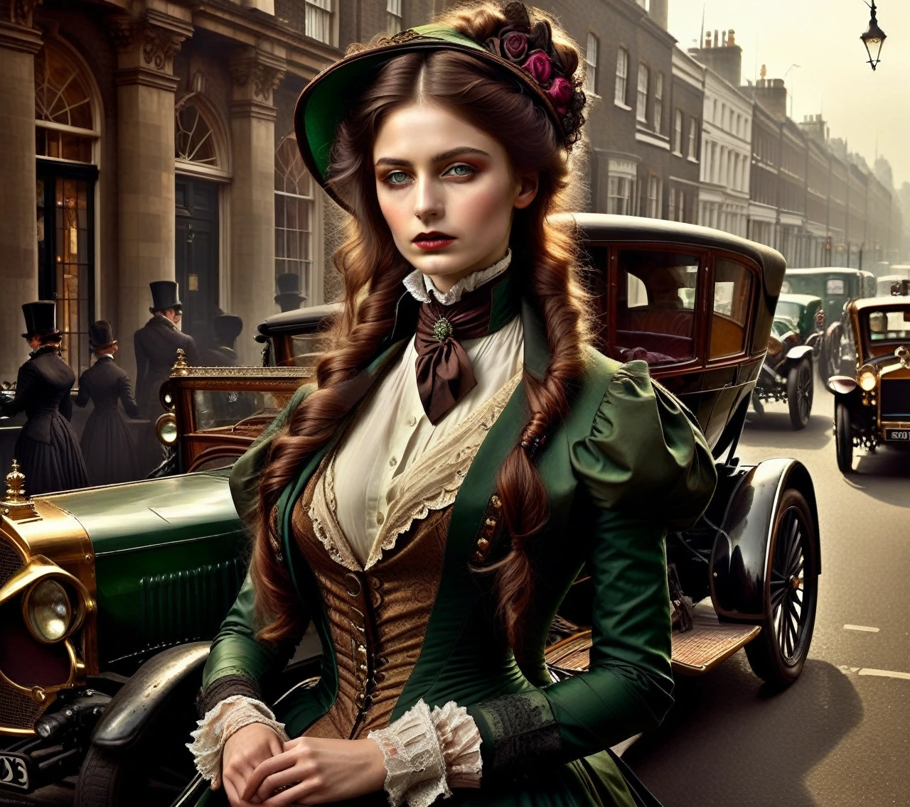 VictorianPunkAI fashion, Highly detailed woman, detailed dark green eyes, brown hair tied up, incredible, Stunning lighting, vibrant colors, background of a London street, passers-by and period cars, Ultra realistic, High quality, Highly detailed, trends in the art season , 8k. HDR.