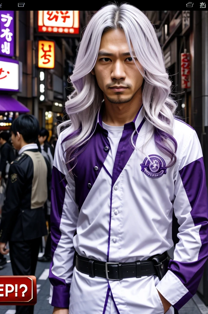 Screenshot Tokyo revengers Long white wavy hair Thin violet eyes, He has a slightly serious expression, he has the uniform of the Tokyo Manji gang and in the background he is in the city of Shibuya Tokyo.