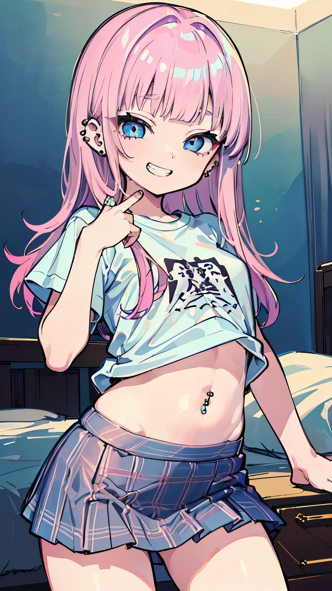 ((masterpiece、Highest quality、Very detailed))、One girl、Pink Hair、Long Hair、blunt bangs、hime cut、Light blue eyes、evil smile、((Grin))、((lots of piercings))、Small breasts、((white Tshirt))、((Tight))、belly button、((light blue plaid プリーツスカート))、((mini skirt))、Cowboy Shot、Bedroom Background