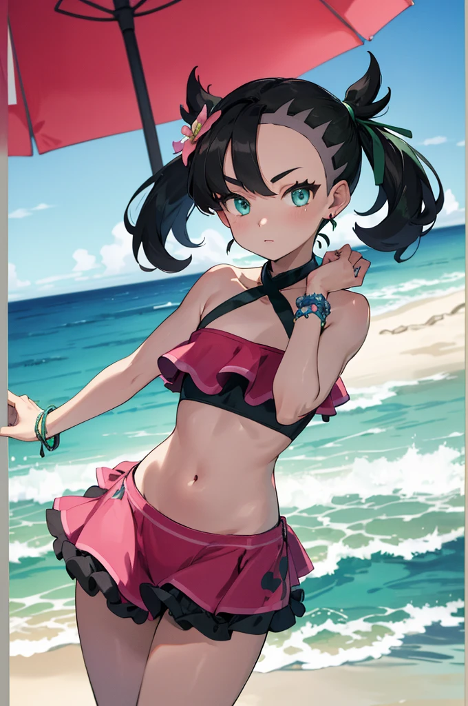 1girl , solo , marnie from pokemon,green eyes asymmetrical bangs,choker , earrings ,beach in the background , scenary, leaning, (sexy) , (thick thighs), black bikini , medium breasts , playful ,happy smile, blushing , palm trees , black leather jacket