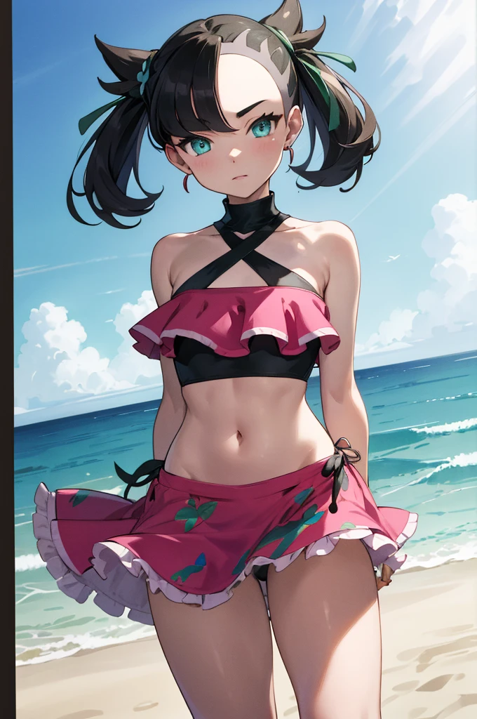 masterpiece, best quality, highres, hmmarnie, aqua eyes, green ribbon, hair flower, earrings, jewelry, halterneck, bracelet, navel, pink swimsuit, frilled bikini, sarong, cowboy shot, standing, beach