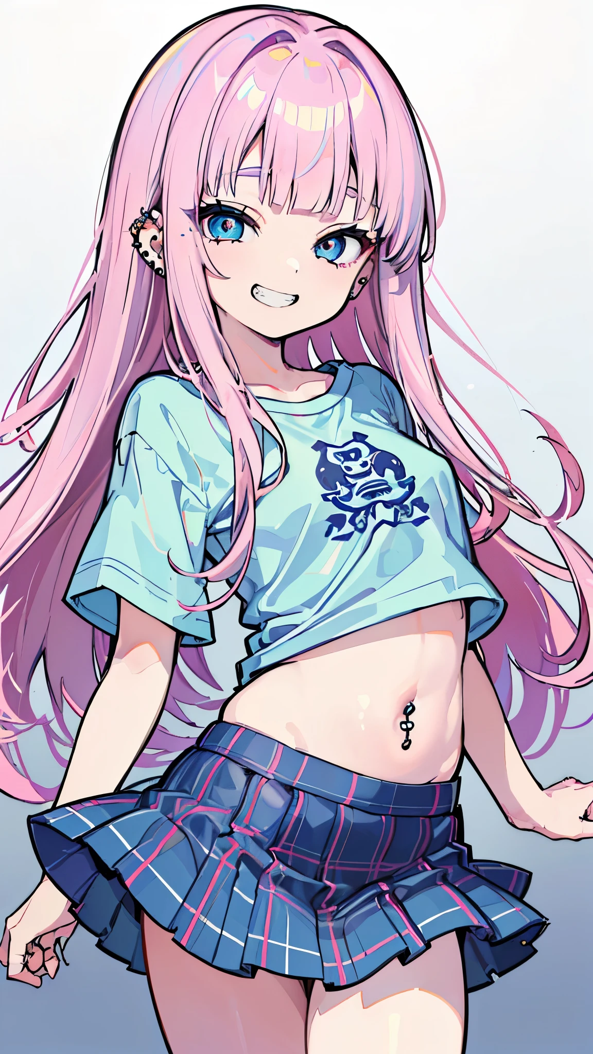 ((masterpiece、Highest quality、Very detailed))、One girl、Pink Hair、Long Hair、blunt bangs、hime cut、Light blue eyes、evil smile、((Grin))、((lots of piercings))、Small breasts、((White tight t-shirt))、belly button、((light blue plaid プリーツスカート))、((mini skirt))、Cowboy Shot、Bedroom Background