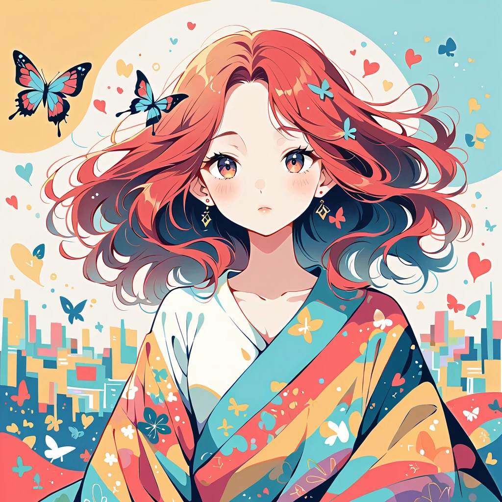 Simple line initials,Abstract art,Urban Background, Colorful Hearts ,(((The most beautiful girl of all time))), Girl、red hair、Butterfly、Hanafuda