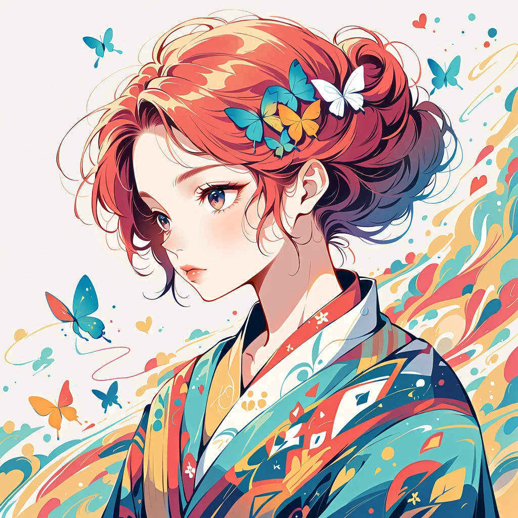 Simple line initials，Abstract art，Urban Background, Colorful Hearts ,(((The most beautiful girl of all time))), Girl、red hair、Butterfly、Hanafuda