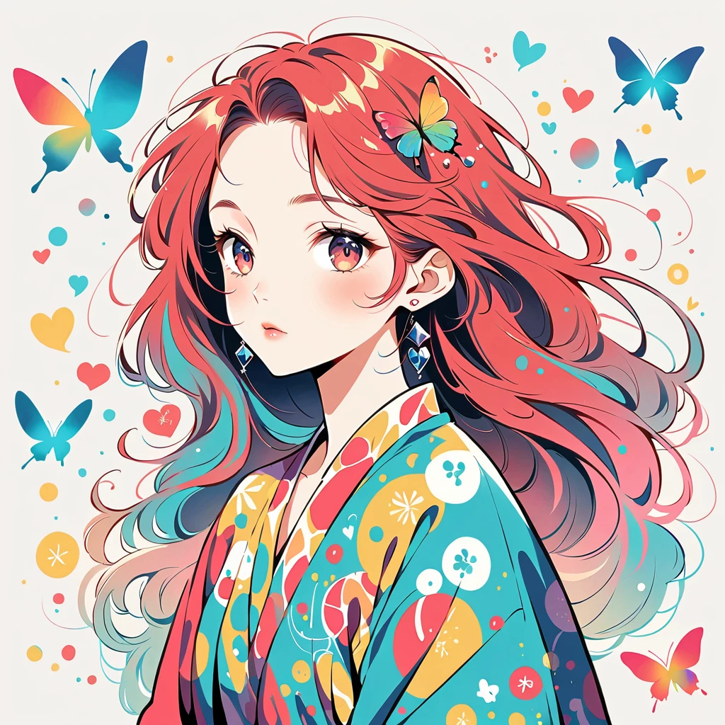 Simple line initials，Abstract art，Urban Background, Colorful Hearts ,(((The most beautiful girl of all time))), Girl、red hair、Butterfly、Hanafuda