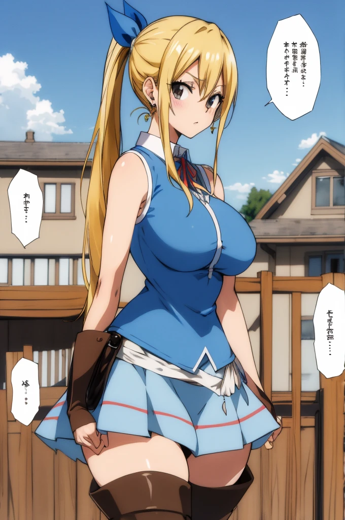 asterpiece, best quality, highres, lucy heartfilia, blonde hair, long hair, side ponytail, blue ribbon, large breasts, earrings, thigh boots, blue shirt, sleeveless shirt, white skirt, standing, outdoors, town, house, cowboy shot, looking at viewer,