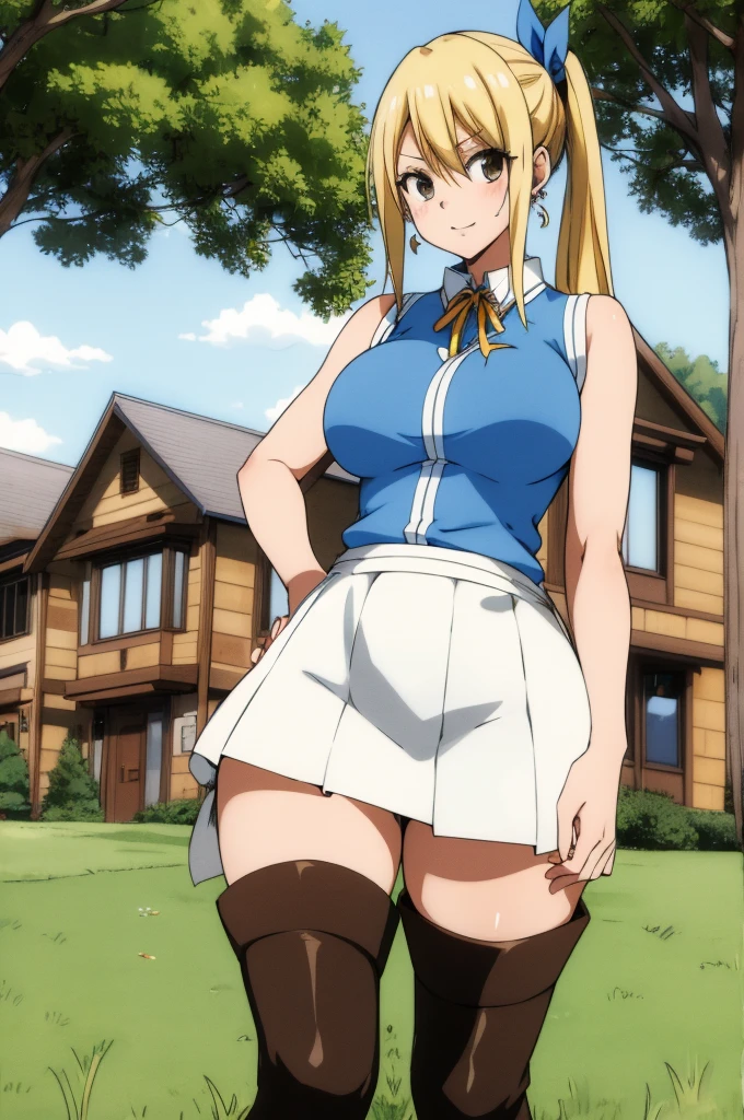 asterpiece, best quality, highres, lucy heartfilia, blonde hair, long hair, side ponytail, blue ribbon, large breasts, earrings, thigh boots, blue shirt, sleeveless shirt, white skirt, standing, outdoors, town, house, cowboy shot, looking at viewer,