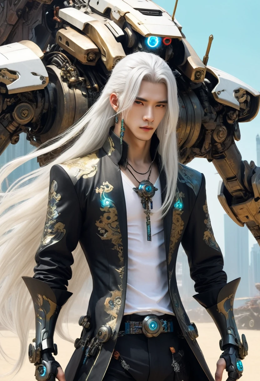 male, Chinese, Long white hair, Cyberpunk, Antique Clothes, HD, Mecha, whole body,