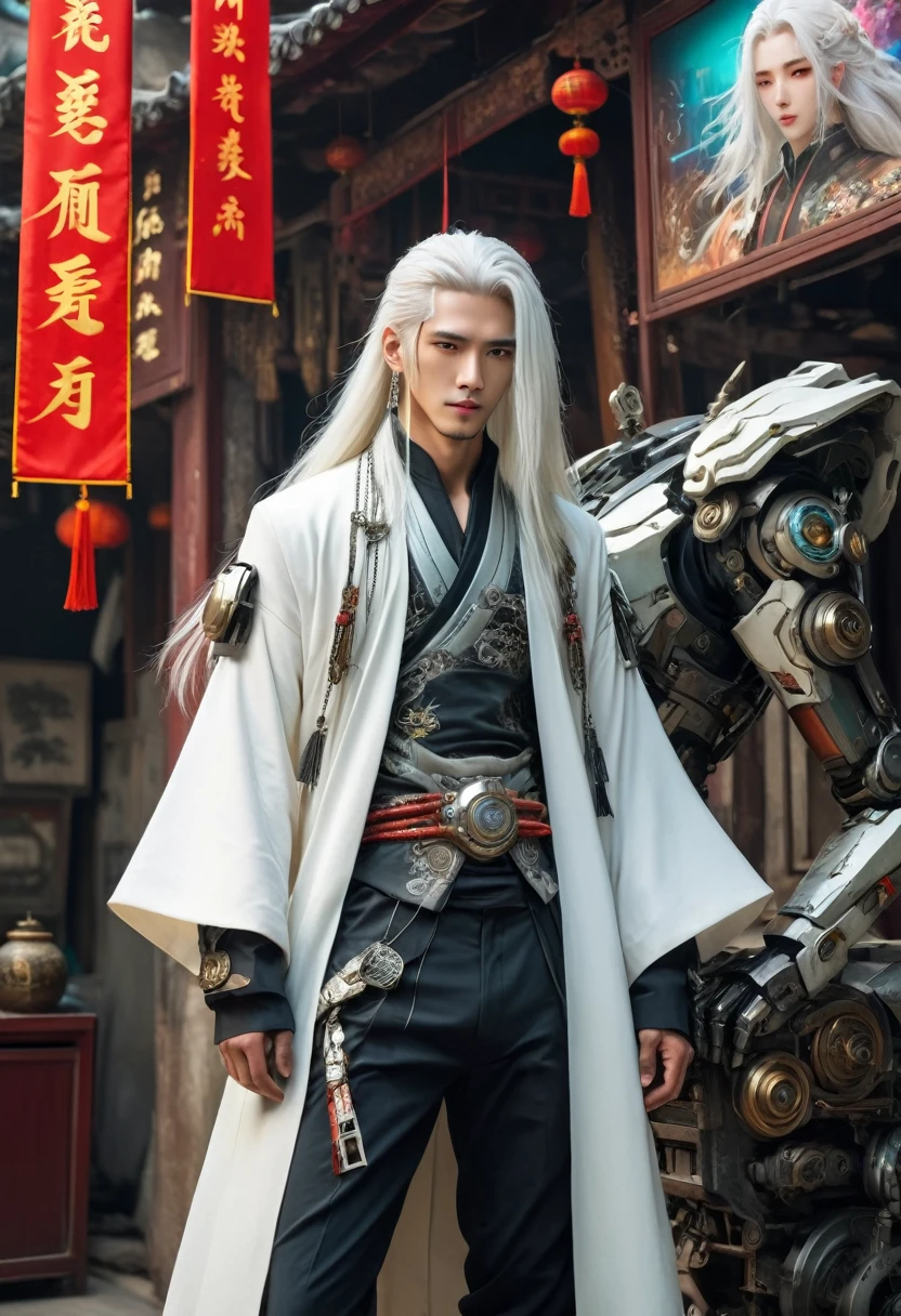 male, Chinese, Long white hair, Cyberpunk, Antique Clothes, HD, Mecha, whole body,