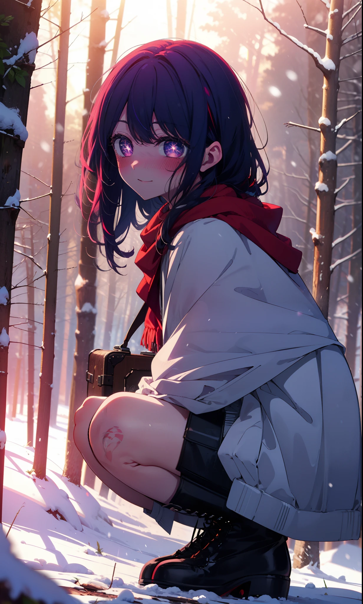 aihoshino, Ai Hoshino, Long Hair, bangs, (Purple eyes:1.1), Purple Hair, (Symbol-shaped pupil:1.5), smile,,smile,blush,White Breath,
Open your mouth,snow,Ground bonfire, Outdoor, boots, snowing, From the side, wood, suitcase, Cape, Blurred, , forest, White handbag, nature,  Squat, Mouth closed, Cape, winter, Written boundary depth, Black shoes, red Cape break looking at viewer, Upper Body, whole body, break Outdoor, forest, nature, break (masterpiece:1.2), Highest quality, High resolution, unity 8k wallpaper, (shape:0.8), (Beautiful and beautiful eyes:1.6), Highly detailed face, Perfect lighting, Extremely detailed CG, (Perfect hands, Perfect Anatomy),