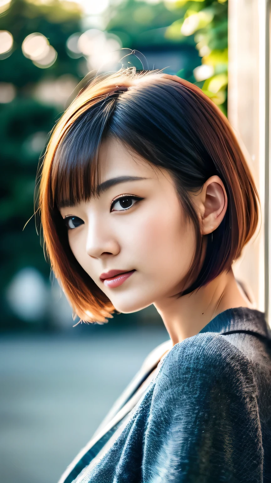 Highest quality, 8K, masterpiece, Realistic, Japanese women photos,  Upper Body, Short Bob Hair, (View your viewers:1.5), (Detailed pupil), (Natural soft light), (Charm), Bokeh, Beautiful Face, Ultra-dense skin, Perfectly sparkling eyes, Skin pores, Soft Hair, Sewing the fabric, Fabric texture