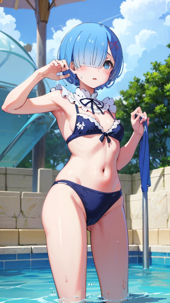 Random swimwear、Swimsuits in random colors、Random pose、Acme Face、Random pose、short hair、Blue Hair、、hair over one eye、、nsfw、Highest quality、1 girl、独奏、Ocean、y pose、Random pose、Blushing、wet、Embarrassed
