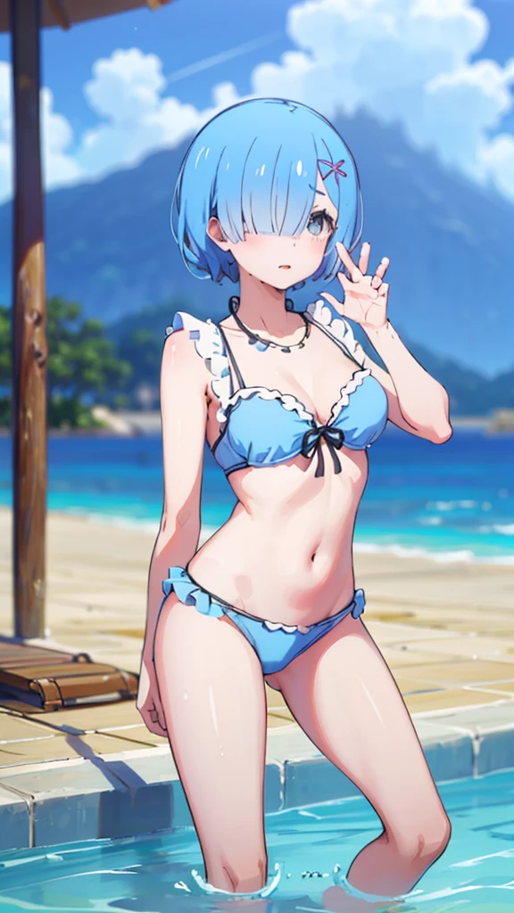 Random swimwear、Swimsuits in random colors、Random pose、Acme Face、Random pose、short hair、Blue Hair、、hair over one eye、、nsfw、Highest quality、1 girl、独奏、Ocean、Sexy pose、Random pose、Blushing、wet、Embarrassed