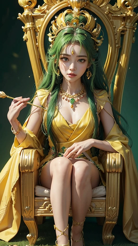 (P.O.V)long shot,beautiful queen,hand holding a ((green)) scepter decorated with carvings and ((yellow)) jewels,wearing a necklace decorated with ((yellow)) jewels,hair in a bun decorated with ((yellow)) jewels, wearing a ((green)) crown,(wearing ((green)) long queen clothes with a very high and wide turn up collar decorated with gold),wearing high heels decorated with ((yellpw)) jewels,sitting on a royal throne full of carvings,((green)) palace background,realistic 4D photography,UHD 32k,bottom view.
