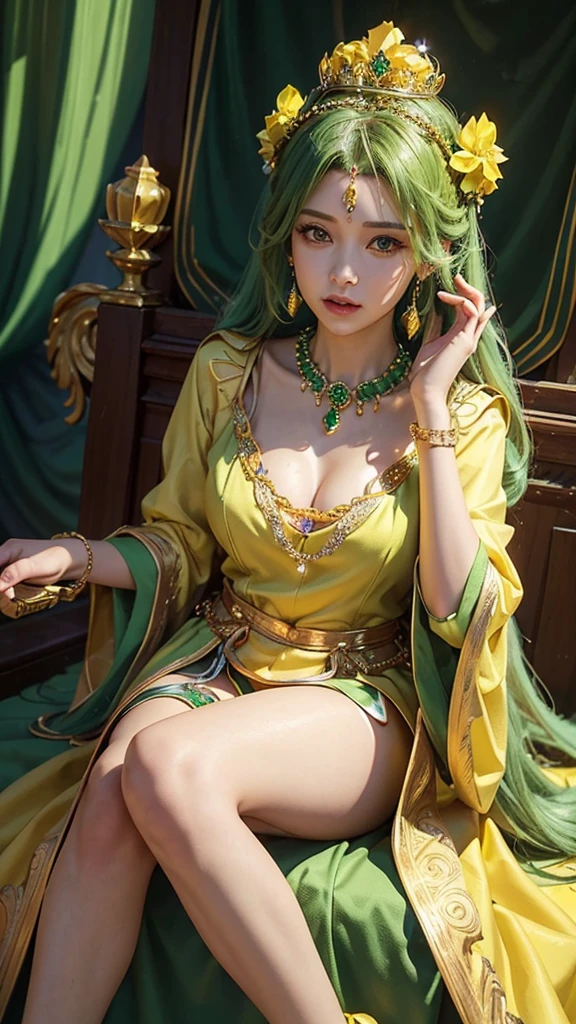 (P.O.V)long shot,beautiful queen,hand holding a ((green)) scepter decorated with carvings and ((yellow)) jewels,wearing a necklace decorated with ((yellow)) jewels,hair in a bun decorated with ((yellow)) jewels, wearing a ((green)) crown,(wearing ((green)) long queen clothes with a very high and wide turn up collar decorated with gold),wearing high heels decorated with ((yellpw)) jewels,sitting on a royal throne full of carvings,((green)) palace background,realistic 4D photography,UHD 32k,bottom view.