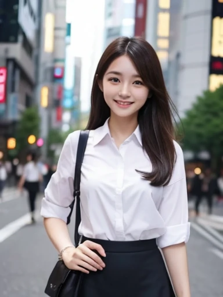 Japanese、18 year old girl、Very slim、((Smiling))、business suit、Business district、mini skirt