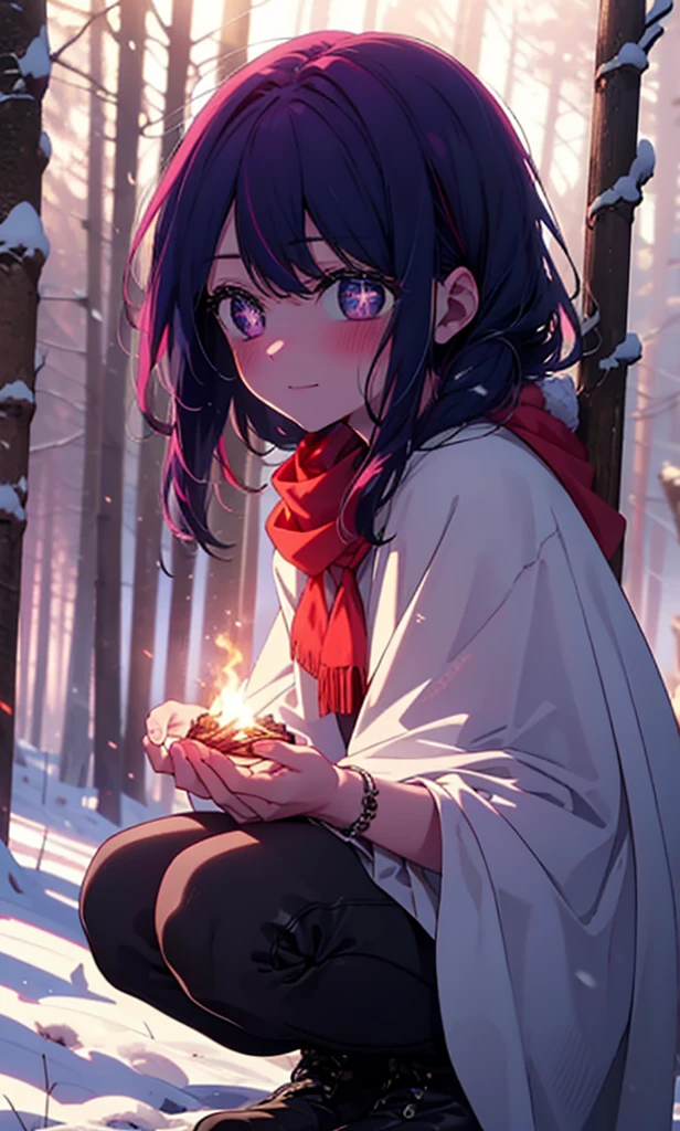 aihoshino, Ai Hoshino, Long Hair, bangs, (Purple eyes:1.1), Purple Hair, (Symbol-shaped pupil:1.5), smile,,smile,blush,White Breath,
Open your mouth,snow,Ground bonfire, Outdoor, boots, snowing, From the side, wood, suitcase, Cape, Blurred, , forest, White handbag, nature,  Squat, Mouth closed, Cape, winter, Written boundary depth, Black shoes, red Cape break looking at viewer, Upper Body, whole body, break Outdoor, forest, nature, break (masterpiece:1.2), Highest quality, High resolution, unity 8k wallpaper, (shape:0.8), (Beautiful and beautiful eyes:1.6), Highly detailed face, Perfect lighting, Extremely detailed CG, (Perfect hands, Perfect Anatomy),