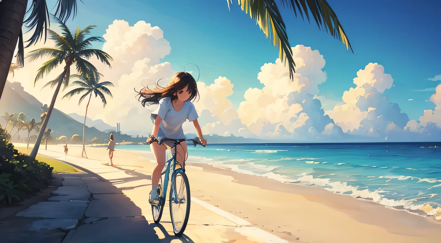 A woman riding a cruiser bicycle on a paved road next to a Hawaiian beach in the morning, wearing an oversized white T-shirt and denim shorts, expansive ocean view and blue sky in the background, tropical island scenery with palm trees, cool morning light with blue tones, crisp and refreshing atmosphere, summer vacation mood, action shot, side view, wide angle to emphasize the ocean backdrop