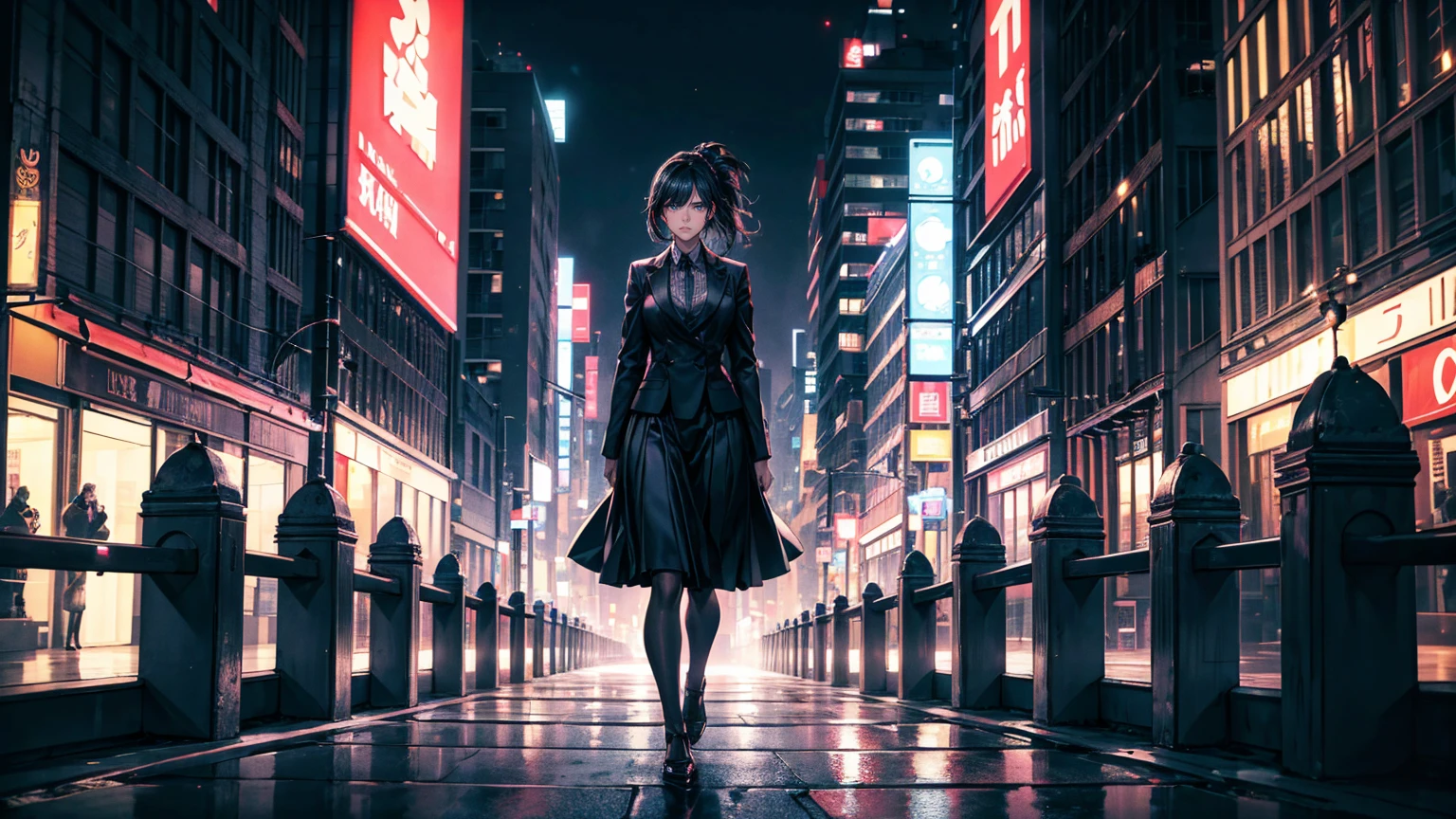 A young woman with a determined expression, dressed in modern and elegant clothes, walking through a busy city. In the background, the silhouette of an old house with shadows of family members looking enviously. The city should be illuminated with bright lights, highlighting the contrast between her dark past and her successful present