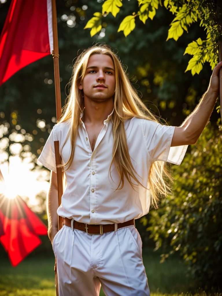 Mucha, front, portrait, boy with blond medium long hair, outdoors, backlight, soft light, medieval, France, holding red flag, looking up, red, blue, white, trousers